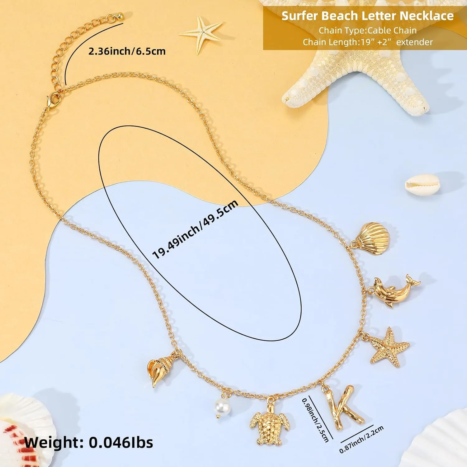 Initial Charm Necklace For Women, Boho Gold Summer Beach Surfer Letter Necklace Starfish Seashell Pearl Turtles Dolphin Charms Pendant, Trendy Pendant Alphabet Choker Necklace Jewelry Gifts for Teen