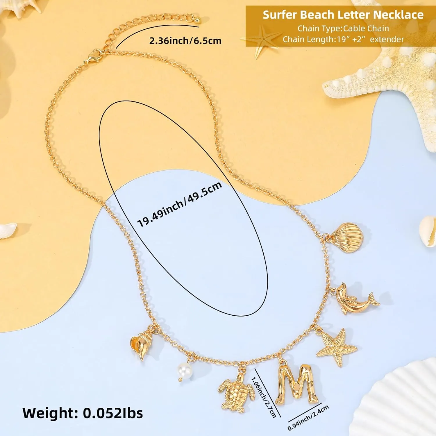 Initial Charm Necklace For Women, Boho Gold Summer Beach Surfer Letter Necklace Starfish Seashell Pearl Turtles Dolphin Charms Pendant, Trendy Pendant Alphabet Choker Necklace Jewelry Gifts for Teen