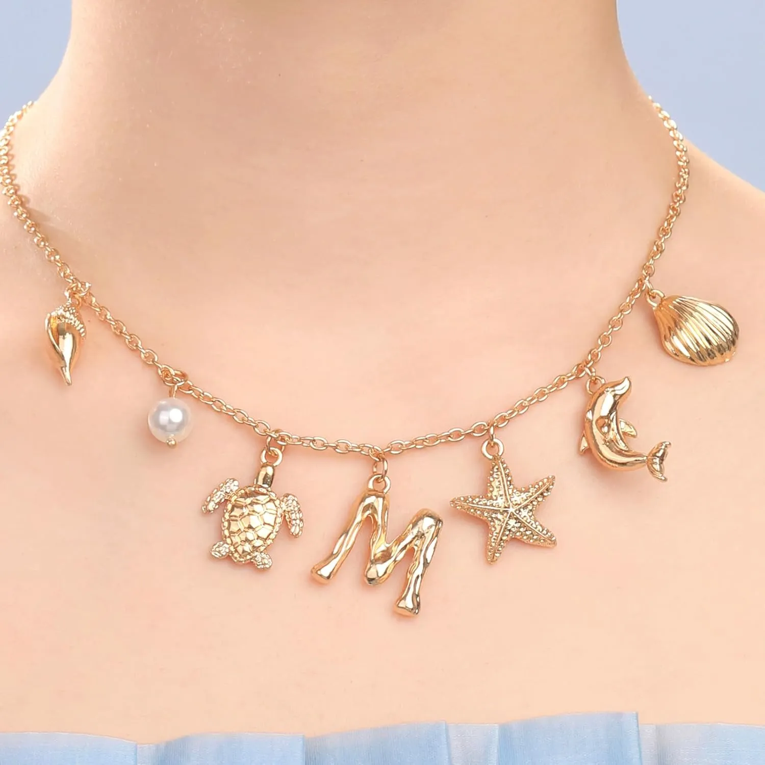 Initial Charm Necklace For Women, Boho Gold Summer Beach Surfer Letter Necklace Starfish Seashell Pearl Turtles Dolphin Charms Pendant, Trendy Pendant Alphabet Choker Necklace Jewelry Gifts for Teen