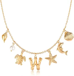 Initial Charm Necklace For Women, Boho Gold Summer Beach Surfer Letter Necklace Starfish Seashell Pearl Turtles Dolphin Charms Pendant, Trendy Pendant Alphabet Choker Necklace Jewelry Gifts for Teen