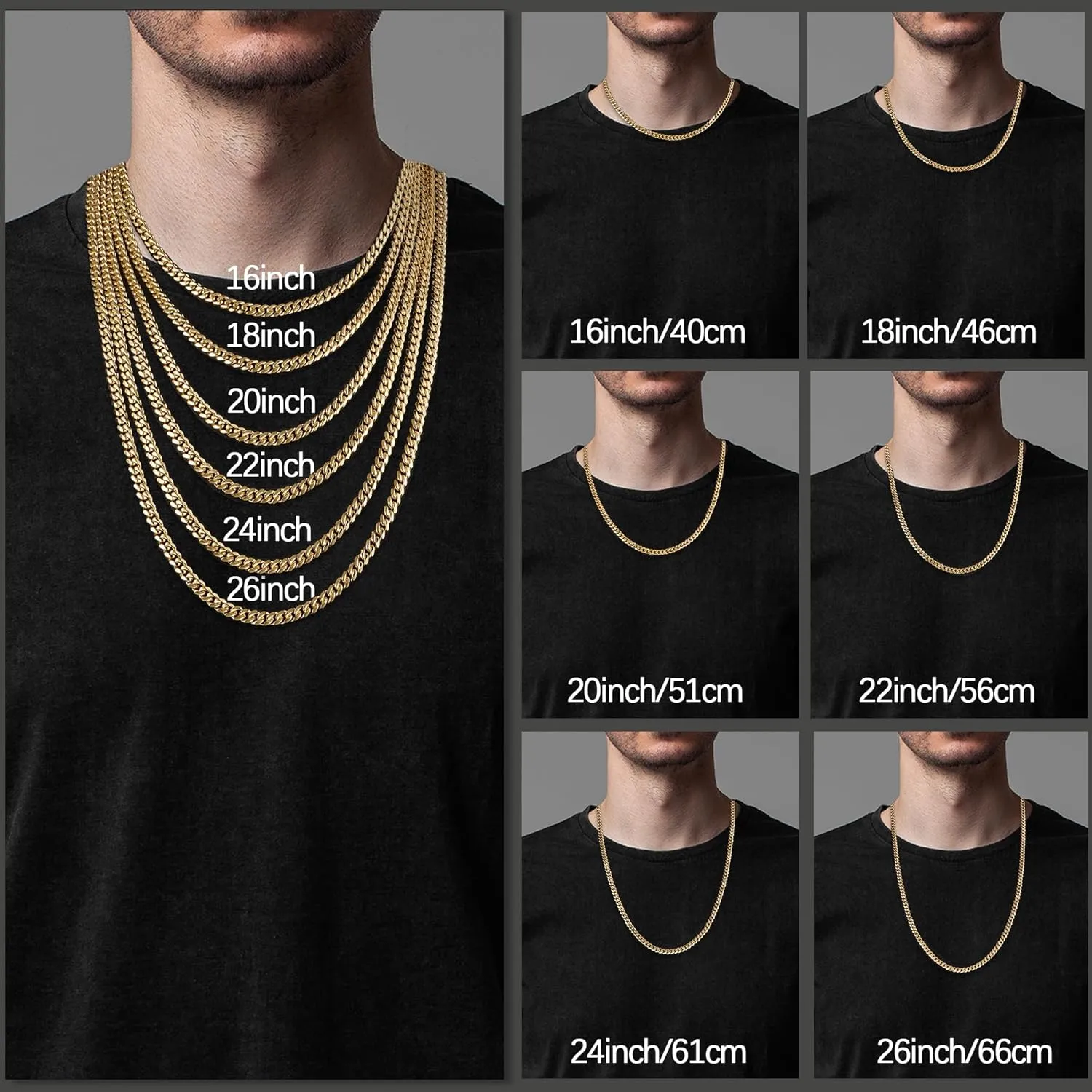 Italian Solid 14k Gold Over 925 Sterling Silver Chain Necklace for Men Women, 3.5mm, 4mm, 5mm Mens Necklace Chain, World's Top Craftsmanship Cuban Link Chain, Mens Chain 16 18 20 22 24 26 Inch