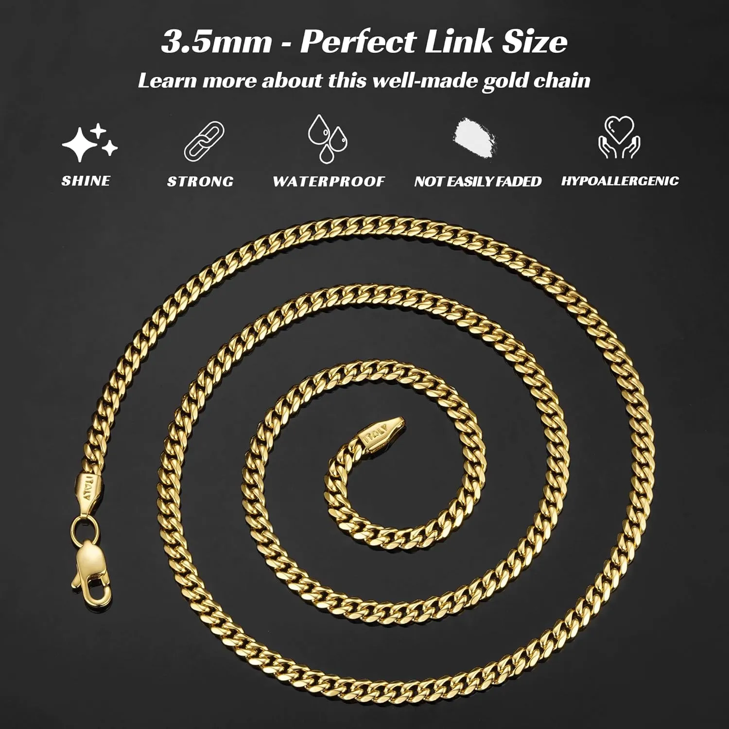 Italian Solid 14k Gold Over 925 Sterling Silver Chain Necklace for Men Women, 3.5mm, 4mm, 5mm Mens Necklace Chain, World's Top Craftsmanship Cuban Link Chain, Mens Chain 16 18 20 22 24 26 Inch