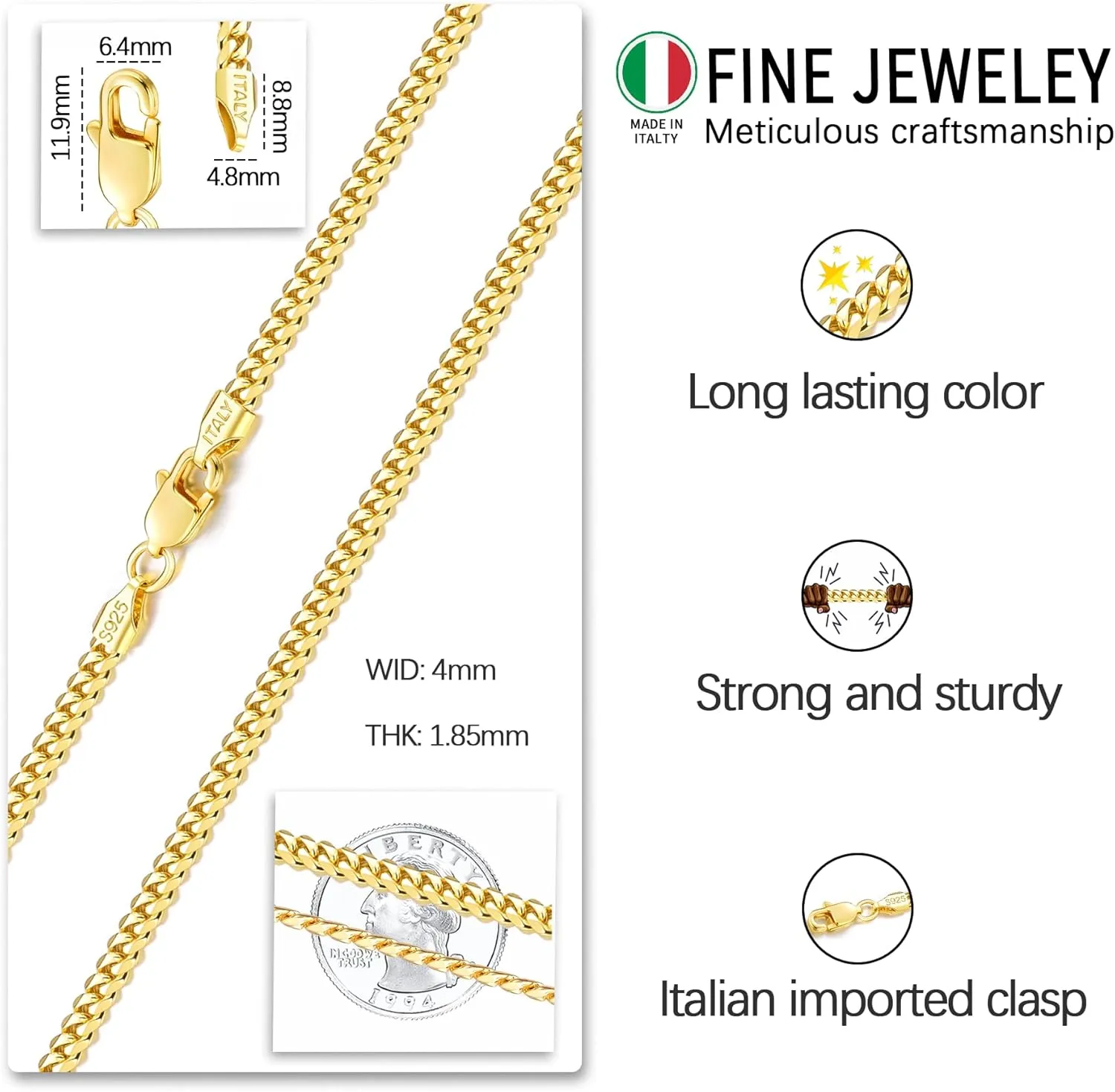 Italian Solid 18k Gold Over 925 Sterling Silver Chain Necklace for Men, 4mm Diamond Cut Cuban Chain for Men Boys Women, Sturdy & Shiny & Not Easy to Fade & Comfortable 16 18 20 22 24 26 Inch