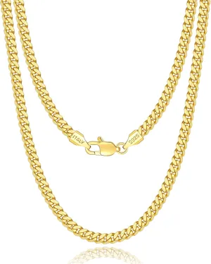 Italian Solid 18k Gold Over 925 Sterling Silver Chain Necklace for Men, 4mm Diamond Cut Cuban Chain for Men Boys Women, Sturdy & Shiny & Not Easy to Fade & Comfortable 16 18 20 22 24 26 Inch