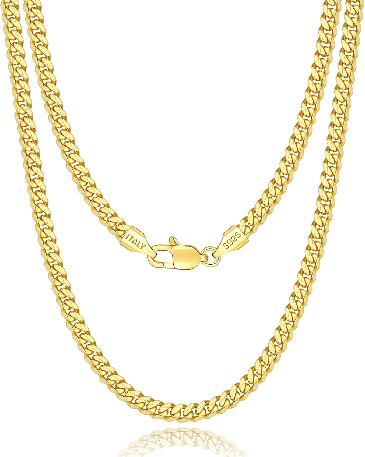 Italian Solid 18k Gold Over 925 Sterling Silver Chain Necklace for Men, 4mm Diamond Cut Cuban Chain for Men Boys Women, Sturdy & Shiny & Not Easy to Fade & Comfortable 16 18 20 22 24 26 Inch