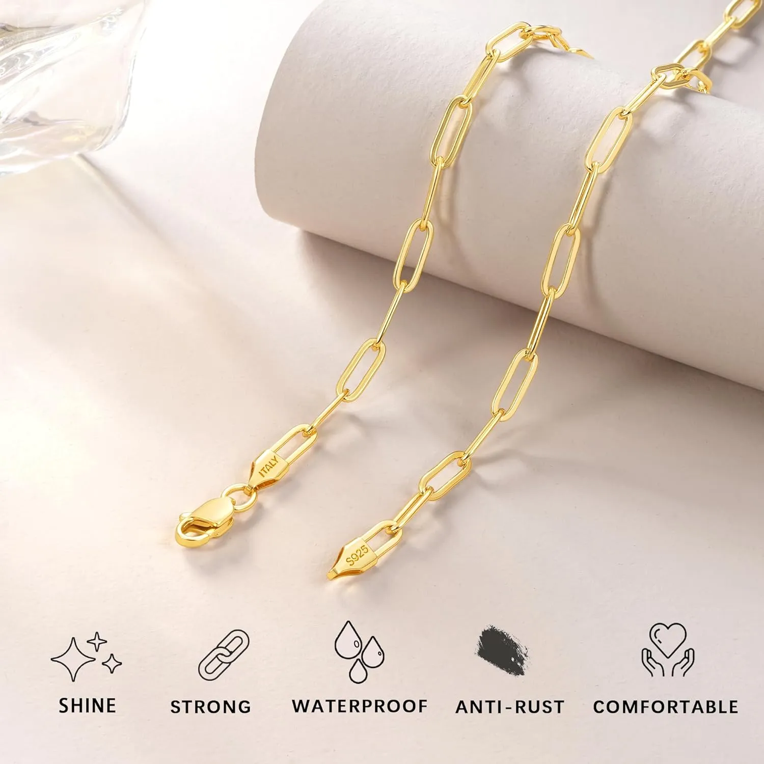 Italy Solid 18K Gold Over 925 Sterling Silver Paperclip Chain Necklace for Women, 3/4mm Women's Chain Necklace, World's Top Craftsmanship Necklace for Women 16 18 20 22 24 26 Inch