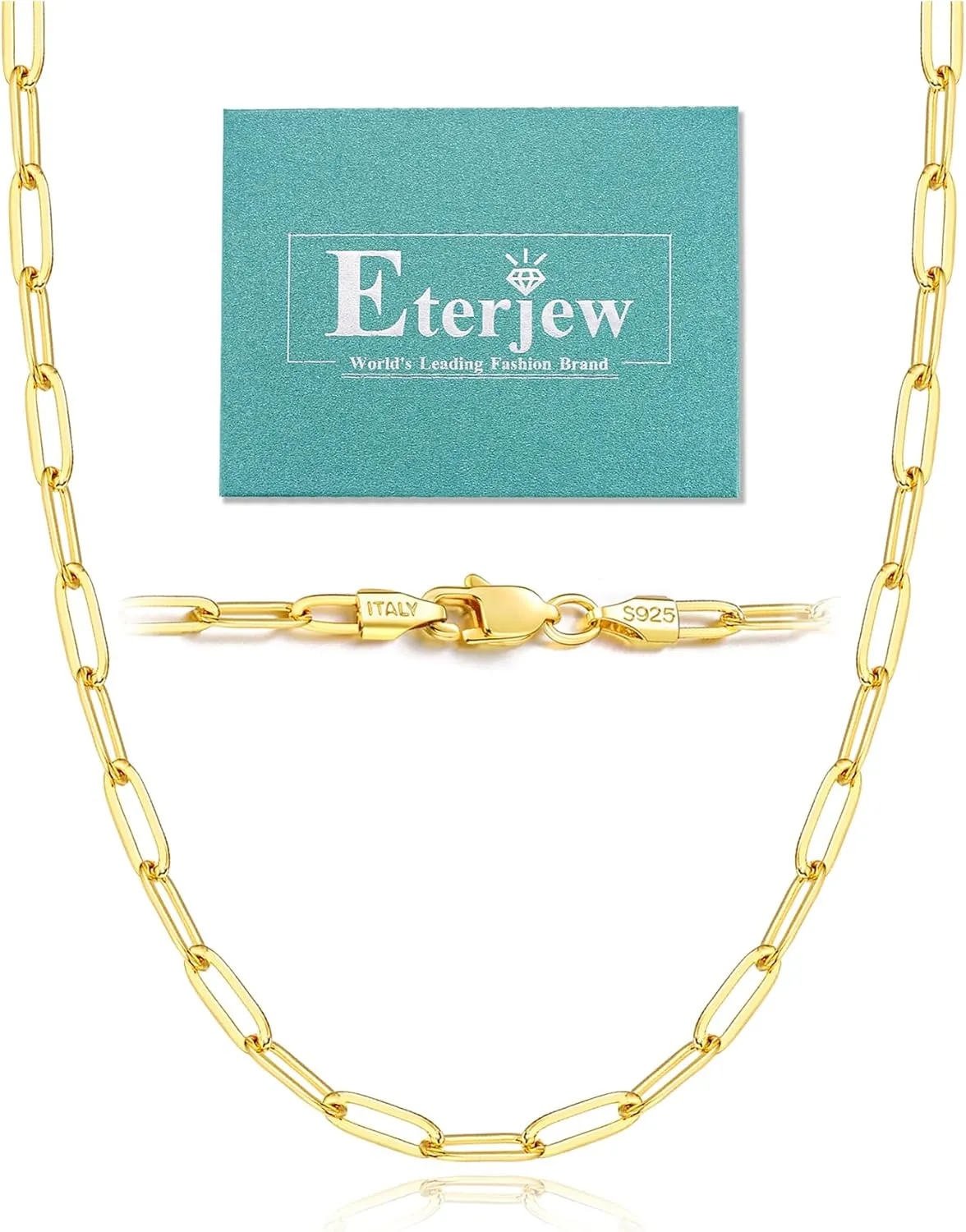 Italy Solid 18K Gold Over 925 Sterling Silver Paperclip Chain Necklace for Women, 3/4mm Women's Chain Necklace, World's Top Craftsmanship Necklace for Women 16 18 20 22 24 26 Inch
