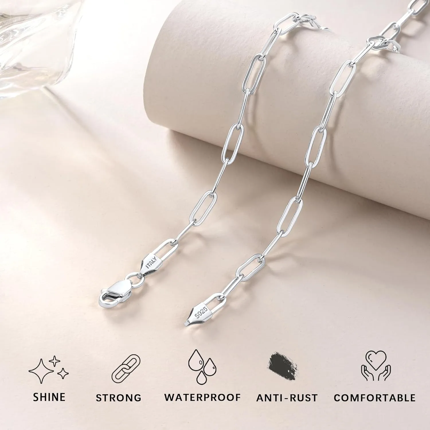 Italy Solid 18K Gold Over 925 Sterling Silver Paperclip Chain Necklace for Women, 3/4mm Women's Chain Necklace, World's Top Craftsmanship Necklace for Women 16 18 20 22 24 26 Inch