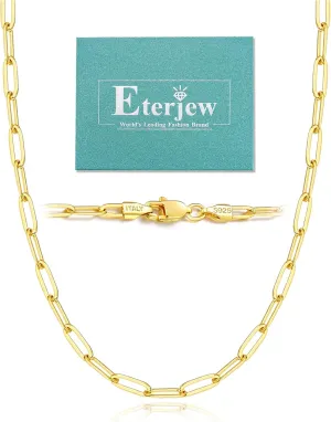 Italy Solid 18K Gold Over 925 Sterling Silver Paperclip Chain Necklace for Women, 3/4mm Women's Chain Necklace, World's Top Craftsmanship Necklace for Women 16 18 20 22 24 26 Inch