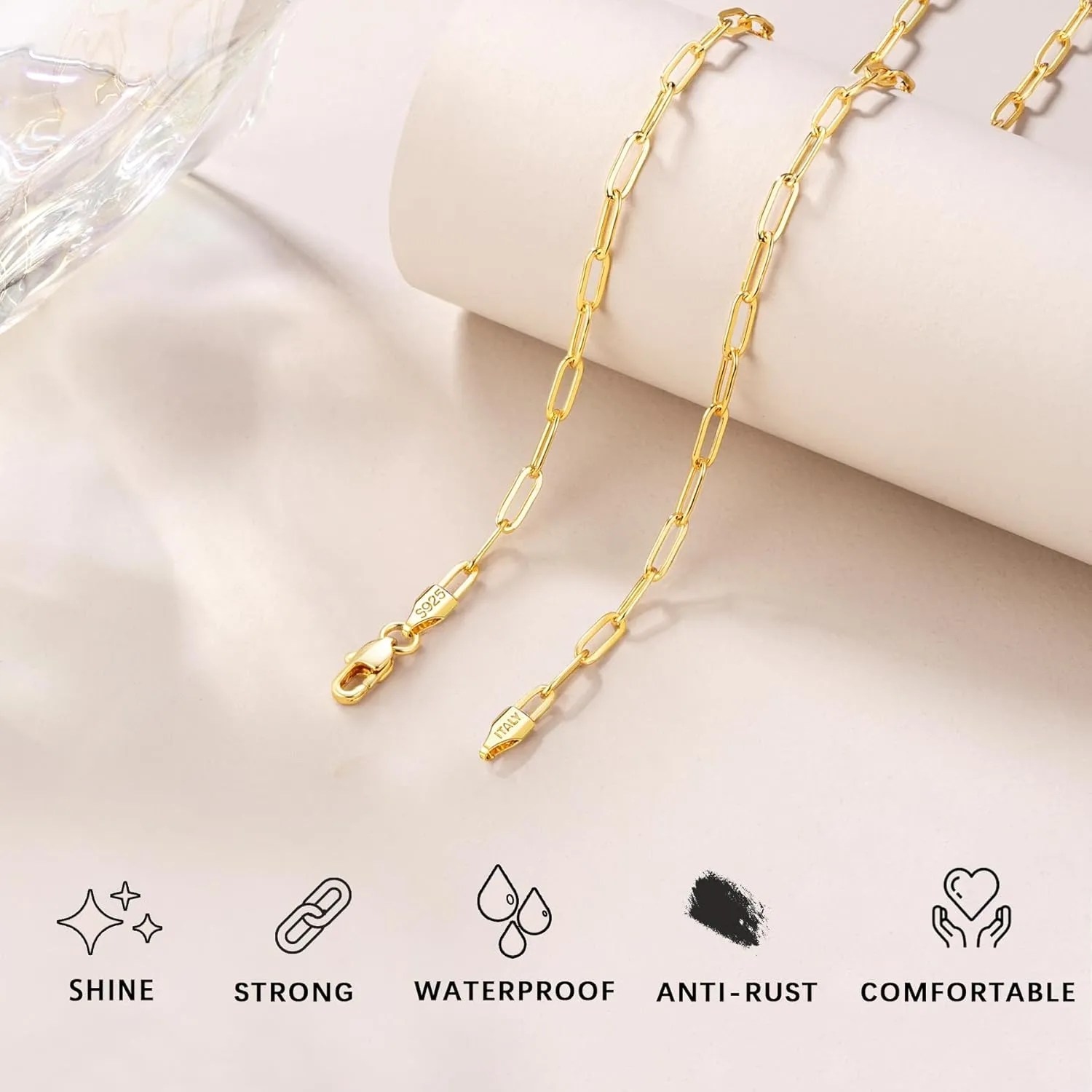 Italy Solid 18K Gold Over 925 Sterling Silver Paperclip Chain Necklace for Women, 3/4mm Women's Chain Necklace, World's Top Craftsmanship Necklace for Women 16 18 20 22 24 26 Inch