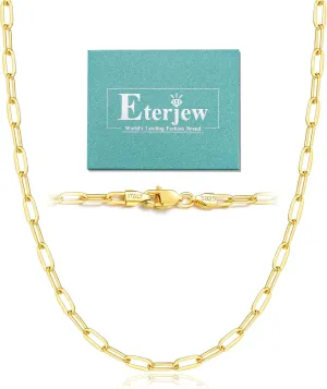 Italy Solid 18K Gold Over 925 Sterling Silver Paperclip Chain Necklace for Women, 3/4mm Women's Chain Necklace, World's Top Craftsmanship Necklace for Women 16 18 20 22 24 26 Inch