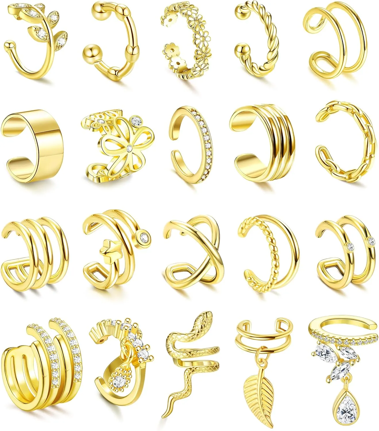 JeryWe 20 Pcs Ear Cuffs Earrings for Women Non Piercing Adjustable Fake Clip On Cartilage Huggie Dainty Minimal Crossed Conch Piercing Sparkling Jewelry Silver Rose Gold