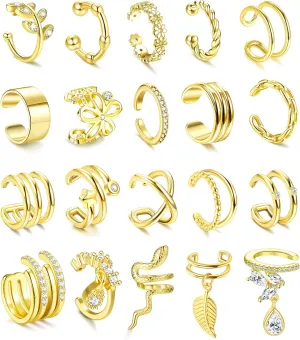 JeryWe 20 Pcs Ear Cuffs Earrings for Women Non Piercing Adjustable Fake Clip On Cartilage Huggie Dainty Minimal Crossed Conch Piercing Sparkling Jewelry Silver Rose Gold