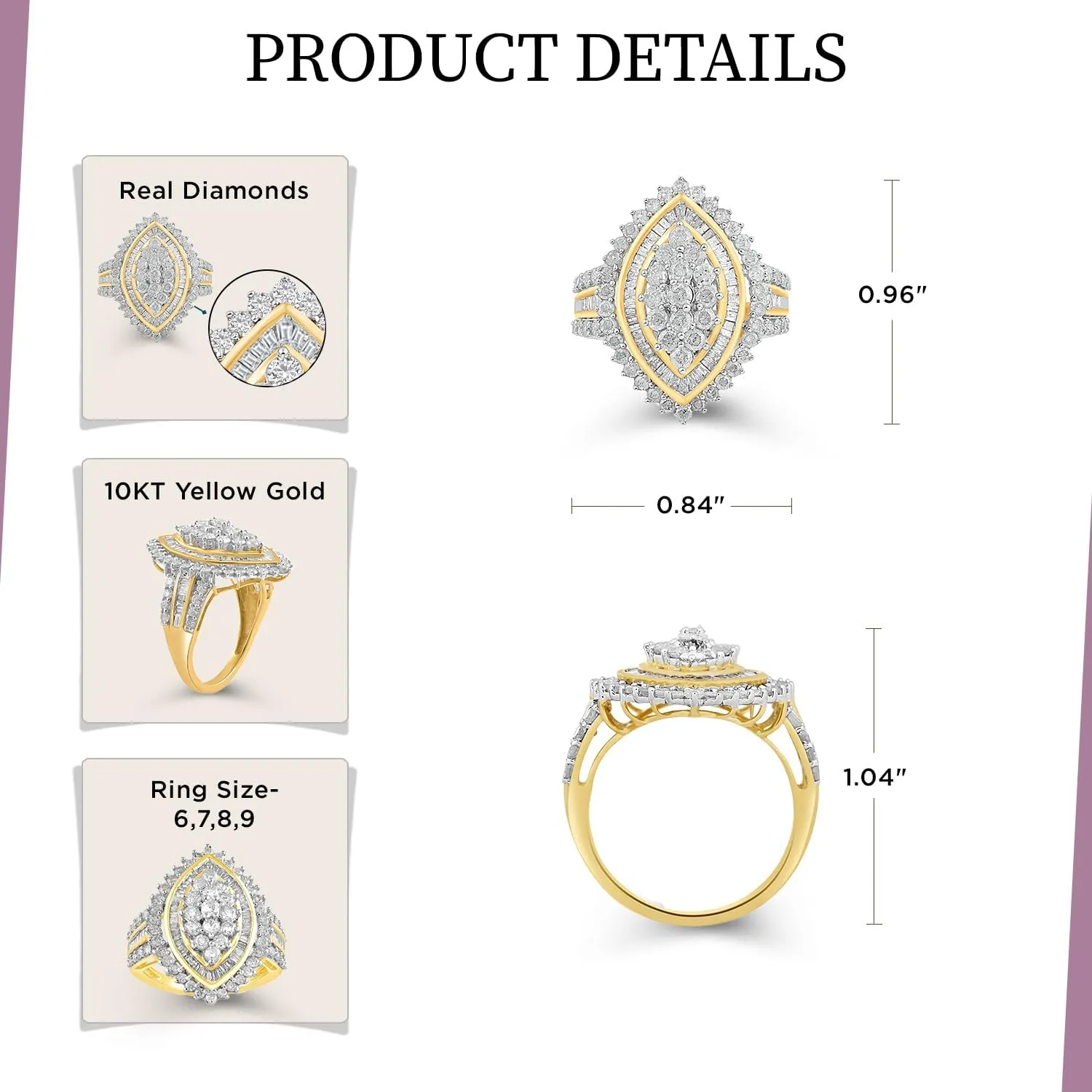 Jewelili 10K Yellow Gold Cluster Ring for Women | 2 CTTW Natural White Round & Baguette Diamonds | Luxury Jewelry with Gift Box | Timeless Fashion Jewelry Gift for Her