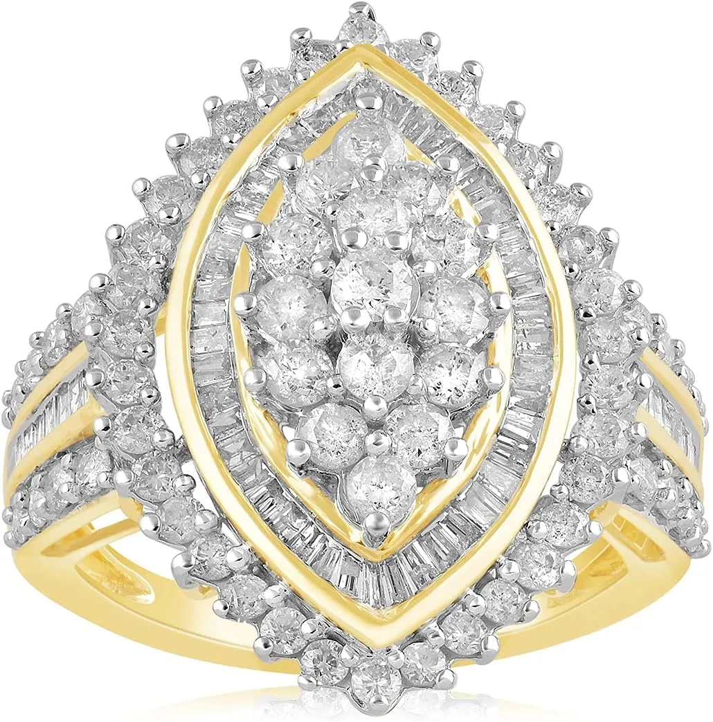 Jewelili 10K Yellow Gold Cluster Ring for Women | 2 CTTW Natural White Round & Baguette Diamonds | Luxury Jewelry with Gift Box | Timeless Fashion Jewelry Gift for Her