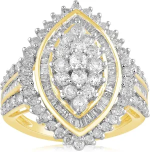Jewelili 10K Yellow Gold Cluster Ring for Women | 2 CTTW Natural White Round & Baguette Diamonds | Luxury Jewelry with Gift Box | Timeless Fashion Jewelry Gift for Her