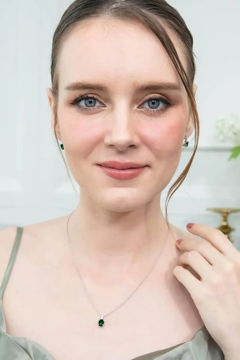 Jewelry Sets for Women, Necklace Earring Sets for Women, Birthstone Jewelry, Genuine Synthetic Gems, Oval Dainty Necklace and Drop Earrings, Pendant Necklace, Huggie Earrings, Sterling Silver Jewelry