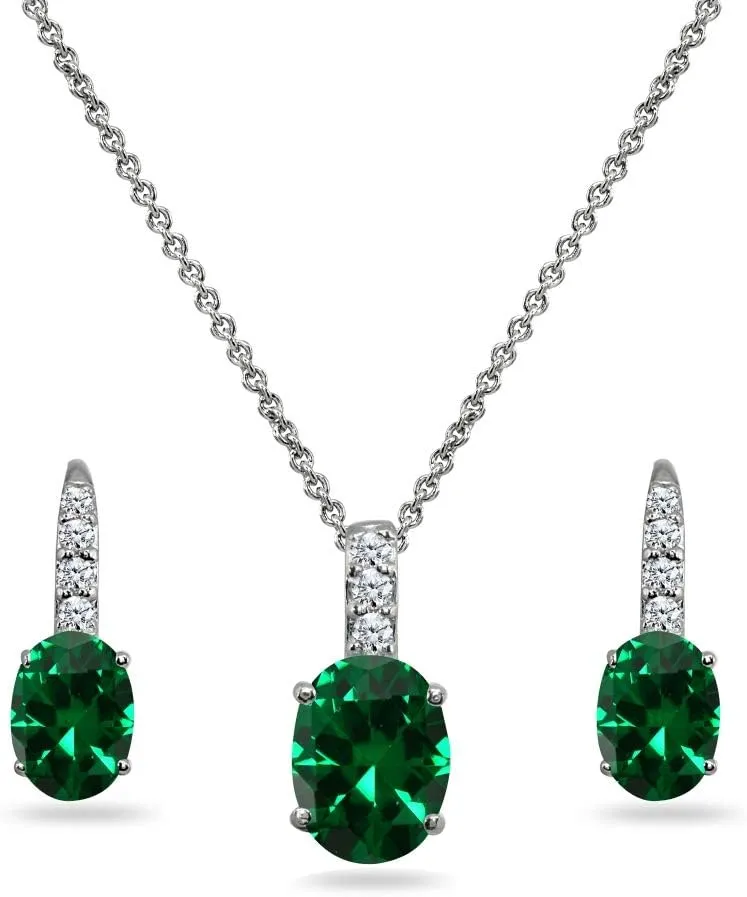 Jewelry Sets for Women, Necklace Earring Sets for Women, Birthstone Jewelry, Genuine Synthetic Gems, Oval Dainty Necklace and Drop Earrings, Pendant Necklace, Huggie Earrings, Sterling Silver Jewelry