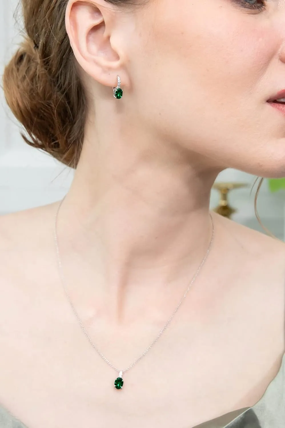 Jewelry Sets for Women, Necklace Earring Sets for Women, Birthstone Jewelry, Genuine Synthetic Gems, Oval Dainty Necklace and Drop Earrings, Pendant Necklace, Huggie Earrings, Sterling Silver Jewelry