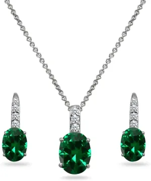 Jewelry Sets for Women, Necklace Earring Sets for Women, Birthstone Jewelry, Genuine Synthetic Gems, Oval Dainty Necklace and Drop Earrings, Pendant Necklace, Huggie Earrings, Sterling Silver Jewelry