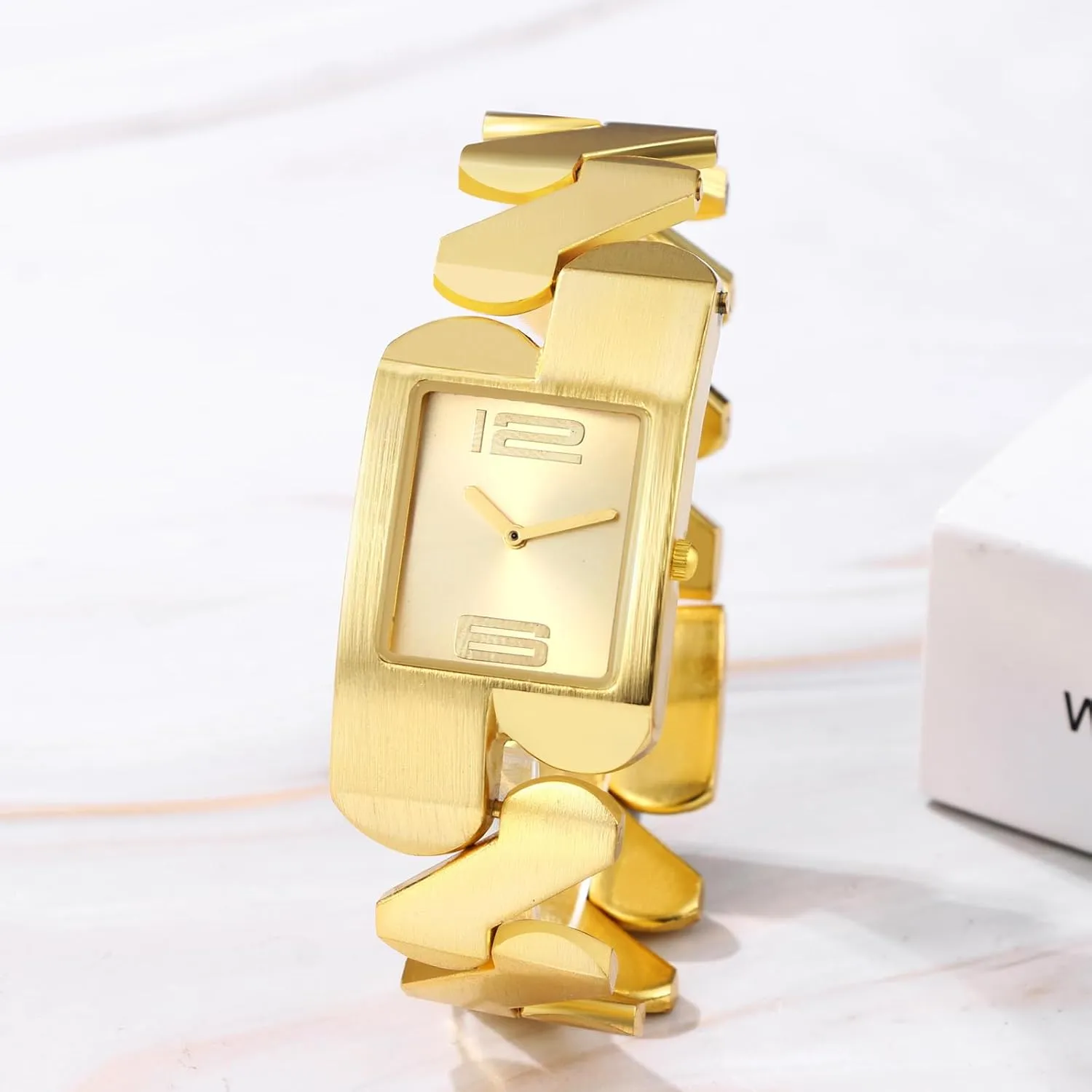 JewelryWe Men Women Square Watches: Analog Big Numerals Quartz Watch Stainless Steel Link Chain Couples Matching Bracelet Watch