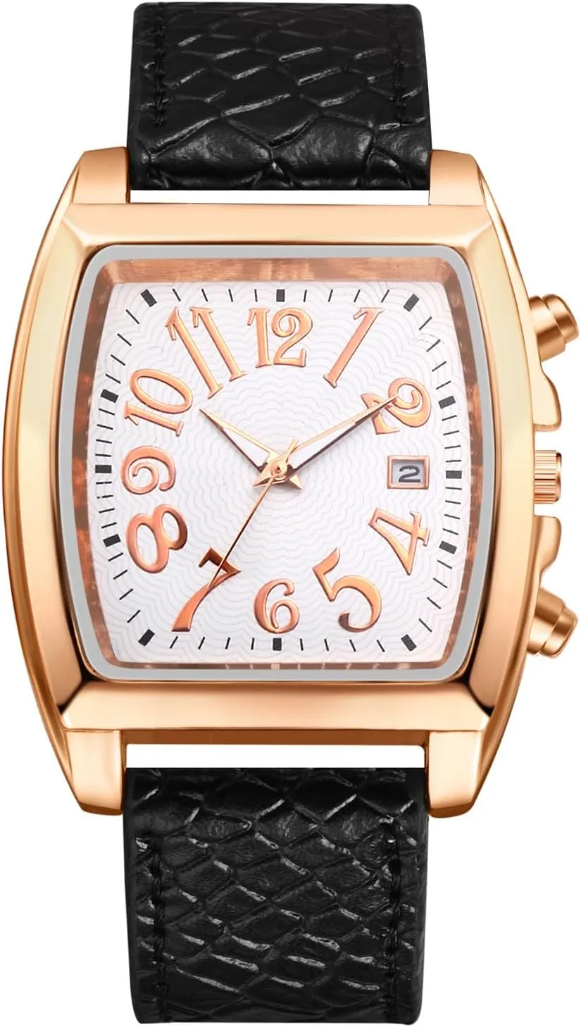 JewelryWe Mens Square Leather Wristwatch: Quartz Analog Big Numerals Calendar Watch Casual Business Dress Watches