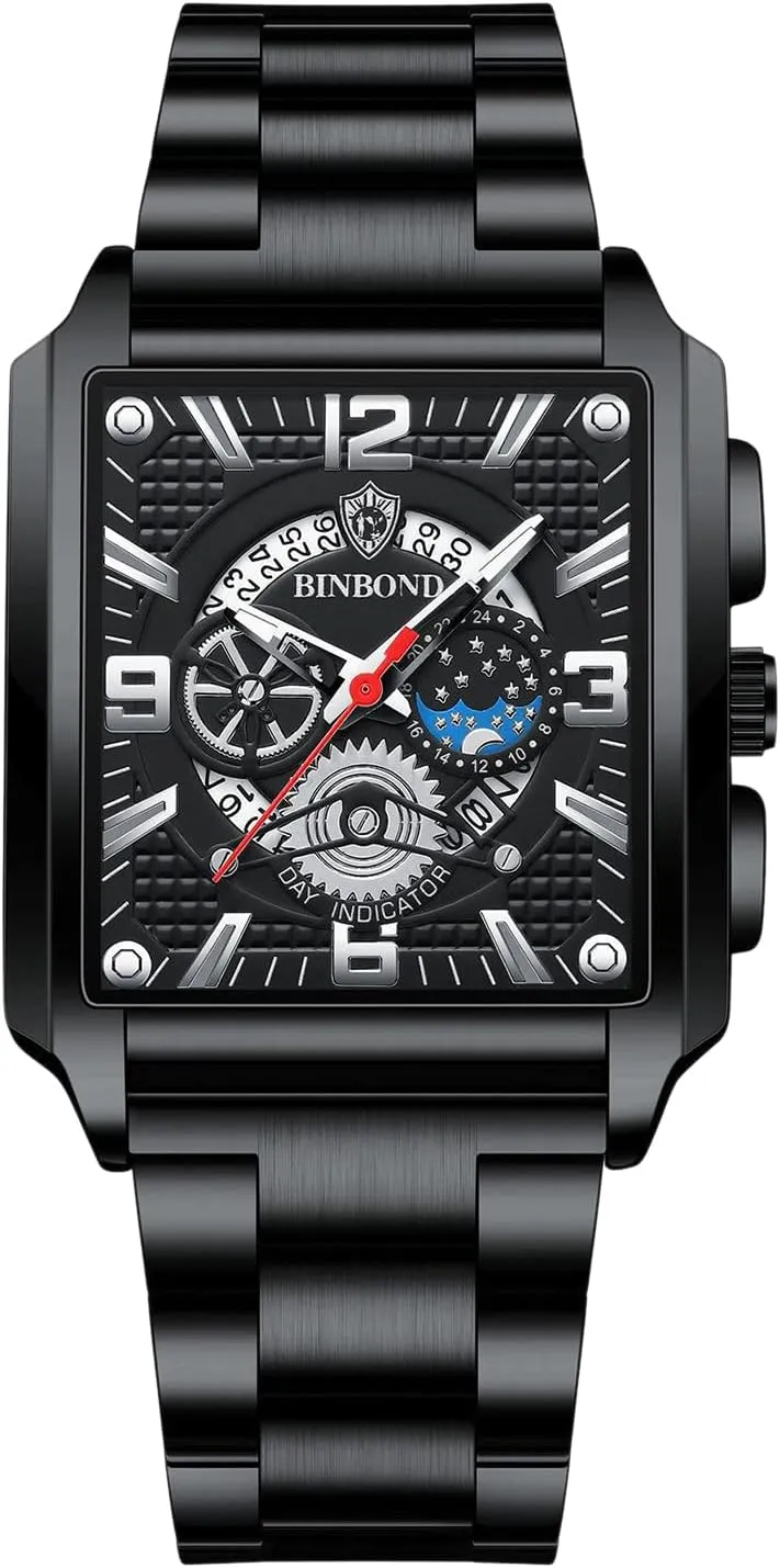 JewelryWe Watches for Men Square Analog Skeletone Lunimous Quartz Calendar Watch Polished Stainless Steel Business Casual Wristwatches