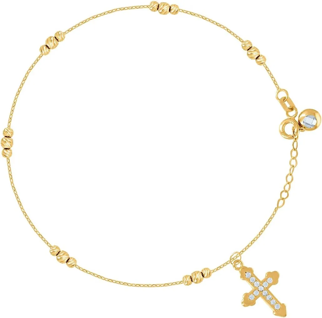 JewelryWeb 14k Yellow Gold Womens CZ Simulated Diamond Beaded Cross Religious Charm Anklet Bracelet 8 Inch 20.7mm Long-Anklet for Women