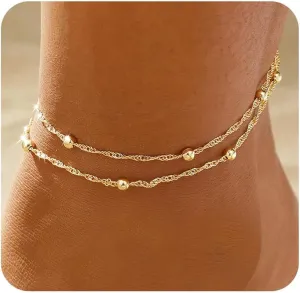 JINEAR Gold Ankle Bracelets for Women14K Gold Plated Waterproof Chain Herringbone Layered Beaded Anklets Adjustable Summer Beach Jewelry Gift for Women