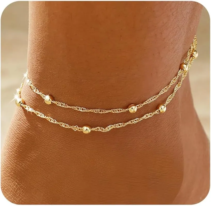 JINEAR Gold Ankle Bracelets for Women14K Gold Plated Waterproof Chain Herringbone Layered Beaded Anklets Adjustable Summer Beach Jewelry Gift for Women