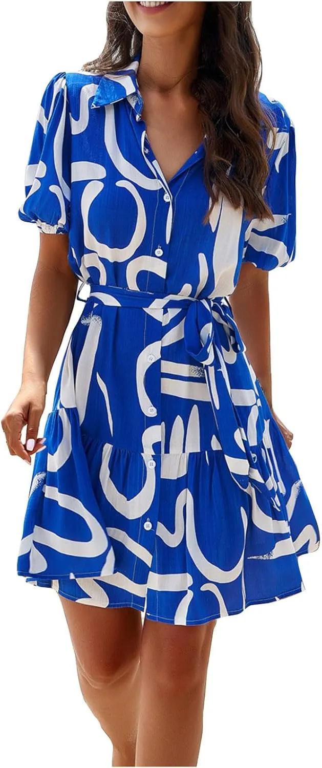 JOAU Women's Button Shirt Dress 2024 Casual Summer Collared V Neck Puff Sleeve Flowy Ruffle Tiered Swing Beach Mini Dresses