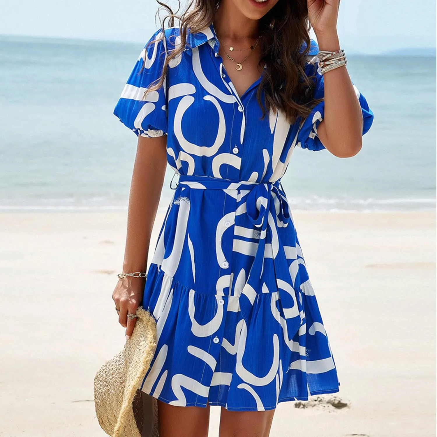 JOAU Women's Button Shirt Dress 2024 Casual Summer Collared V Neck Puff Sleeve Flowy Ruffle Tiered Swing Beach Mini Dresses