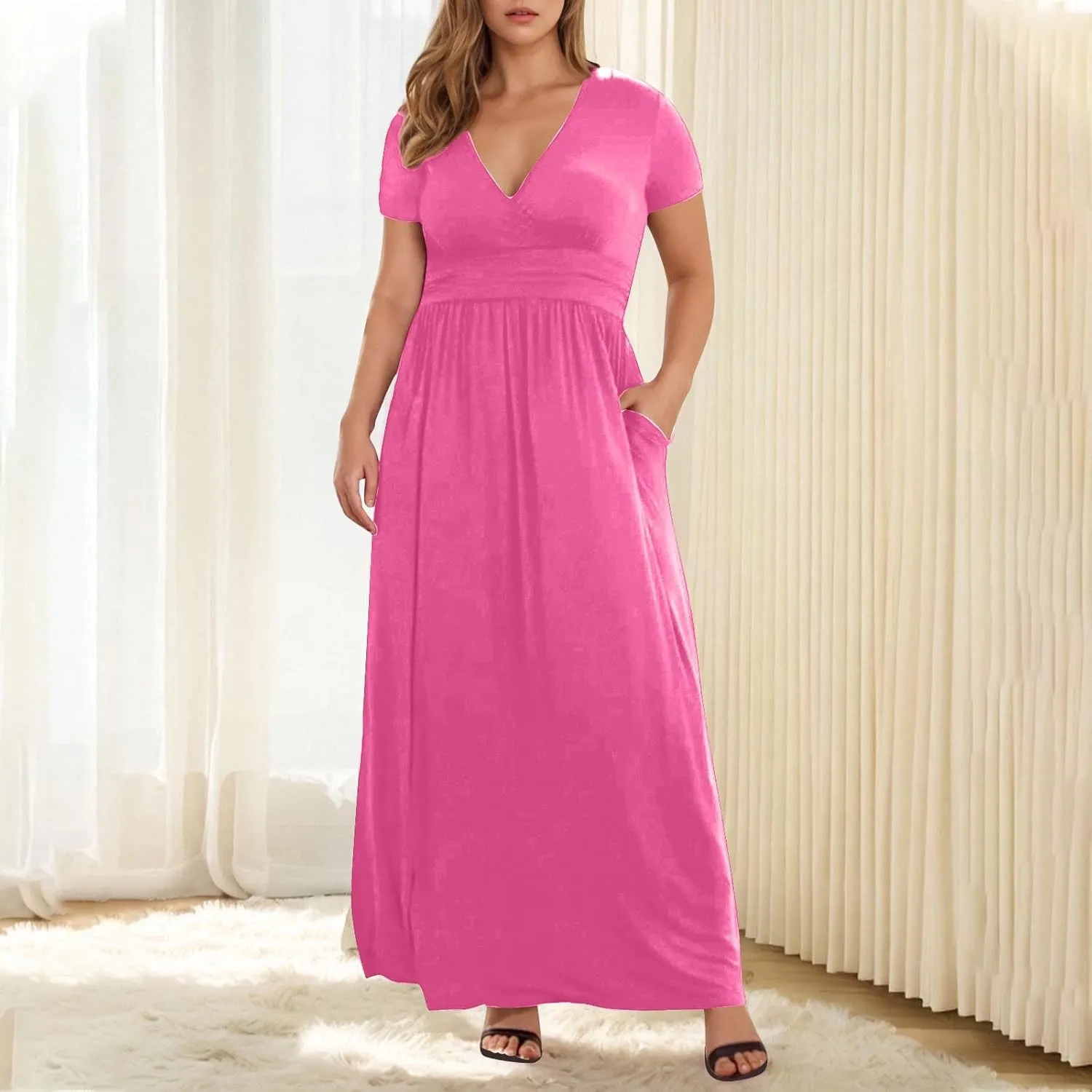 JOAU Women's Plus Size Summer Short Sleeve Maxi Dress 2025 Casual Wrap V Neck A Line Flowy Beach Long Dresses with Pockets