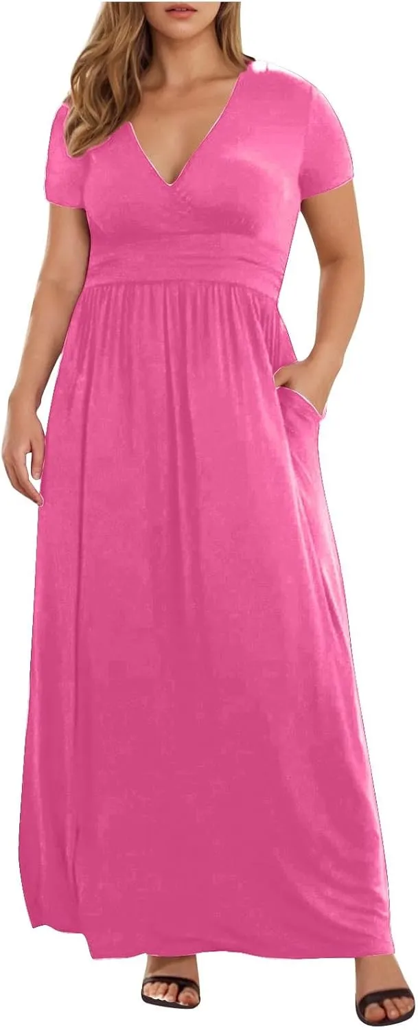 JOAU Women's Plus Size Summer Short Sleeve Maxi Dress 2025 Casual Wrap V Neck A Line Flowy Beach Long Dresses with Pockets