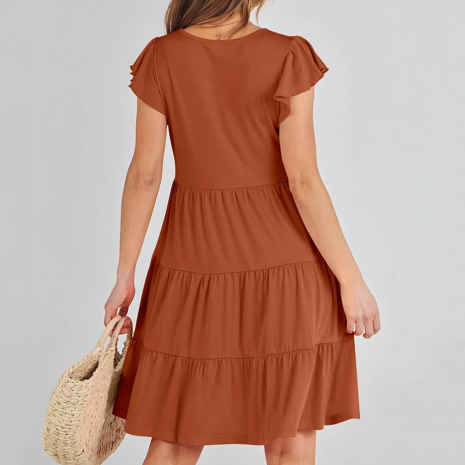 JOAU Women's Summer Dresses 2024 Casual Ruffle Cap Sleeve Crew Neck Mini Dress Loose Fit Tiered Swing A Line Short Dresses