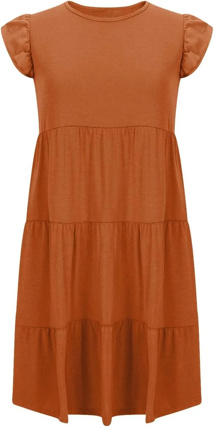 JOAU Women's Summer Dresses 2024 Casual Ruffle Cap Sleeve Crew Neck Mini Dress Loose Fit Tiered Swing A Line Short Dresses