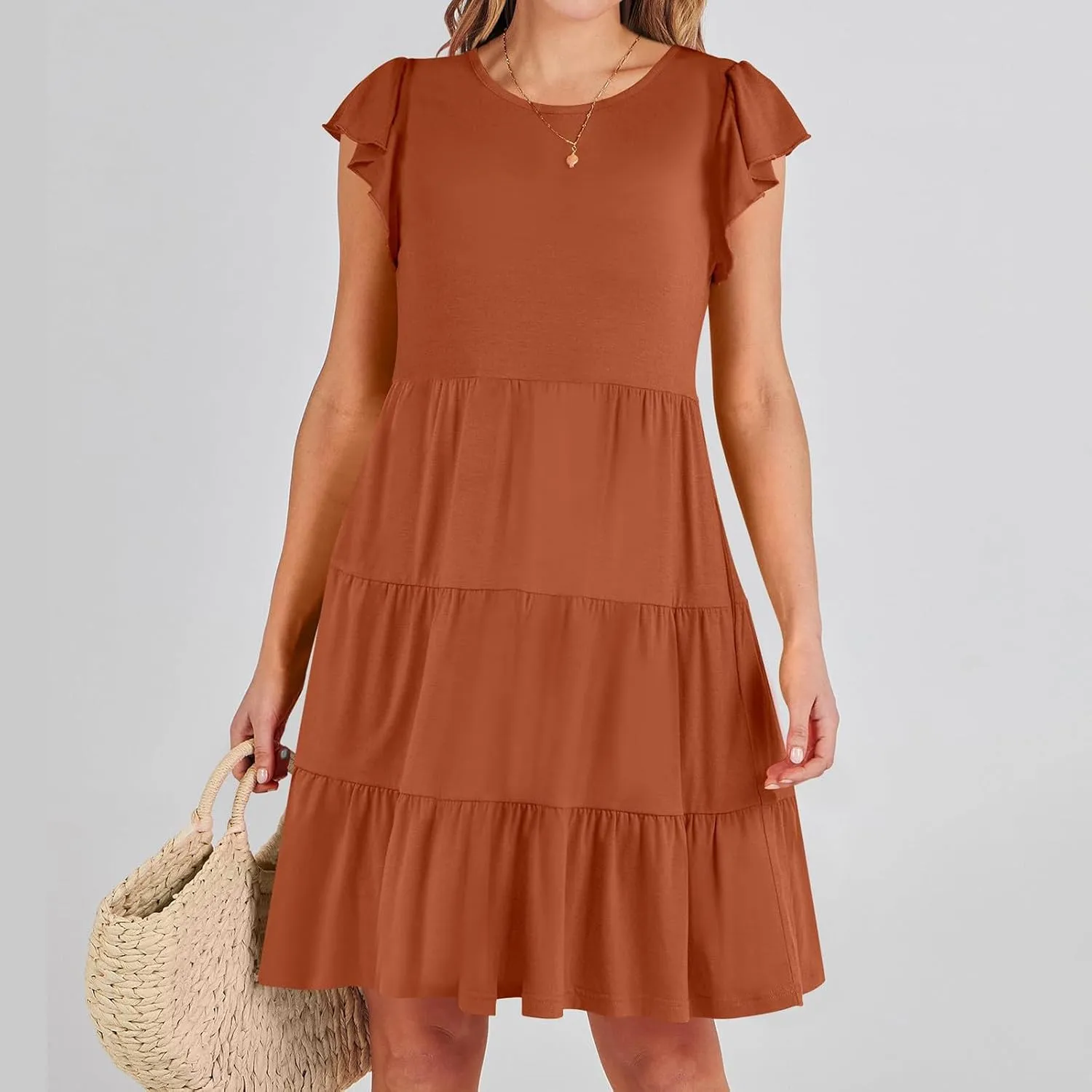 JOAU Women's Summer Dresses 2024 Casual Ruffle Cap Sleeve Crew Neck Mini Dress Loose Fit Tiered Swing A Line Short Dresses