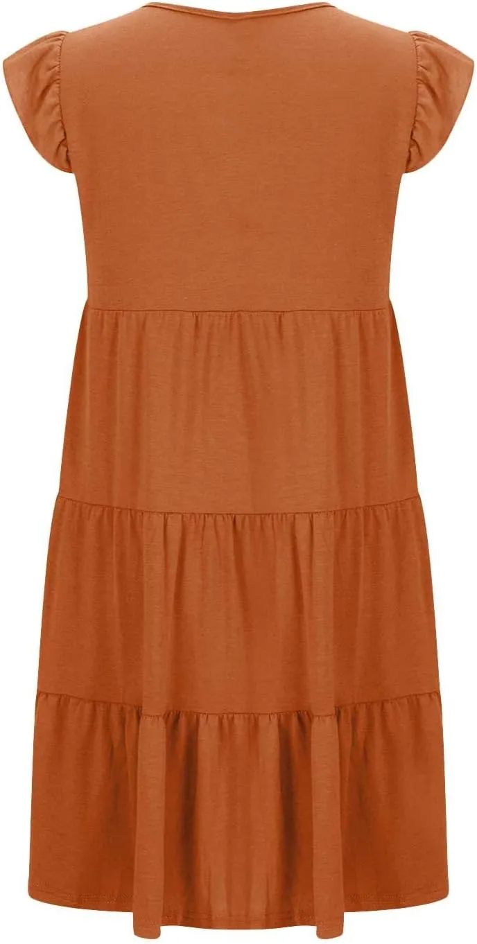 JOAU Women's Summer Dresses 2024 Casual Ruffle Cap Sleeve Crew Neck Mini Dress Loose Fit Tiered Swing A Line Short Dresses
