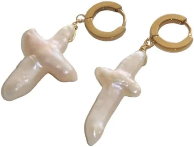 JOIANA | Joiana Pearl Cross Hoops  Gold Huggie Earrings with Freshwater Pearl Charm, Lightweight & Hypoallergenic | Stainless Steel wiht 18K gold plating |