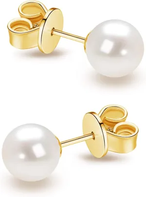 JORA 14K Gold AAA  Handpicked Round Freshwater Cultured White Pearl Stud Earrings for Women Girls