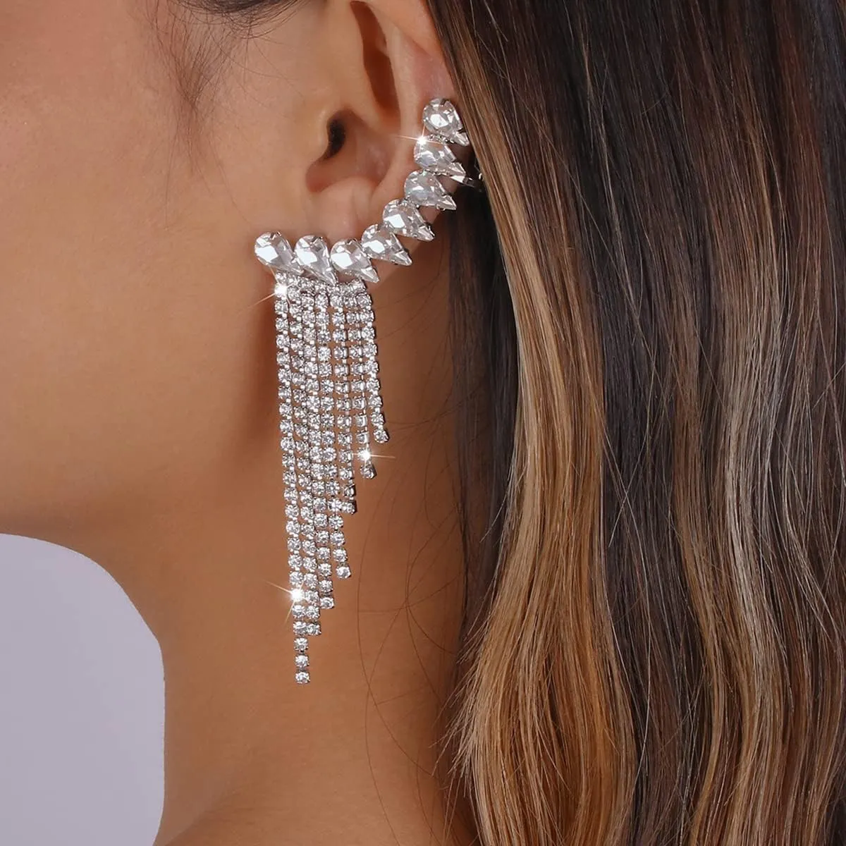 Jumwrit Rhinestone Tassel Earrings Ear Cuff Wrap Earrings Teardrop Climber Crawler Earrings Long Chain Dangle Earrings Chic Stud Earrings for WomenSilver