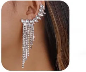 Jumwrit Rhinestone Tassel Earrings Ear Cuff Wrap Earrings Teardrop Climber Crawler Earrings Long Chain Dangle Earrings Chic Stud Earrings for WomenSilver