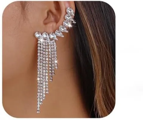Jumwrit Rhinestone Tassel Earrings Ear Cuff Wrap Earrings Teardrop Climber Crawler Earrings Long Chain Dangle Earrings Chic Stud Earrings for WomenSilver