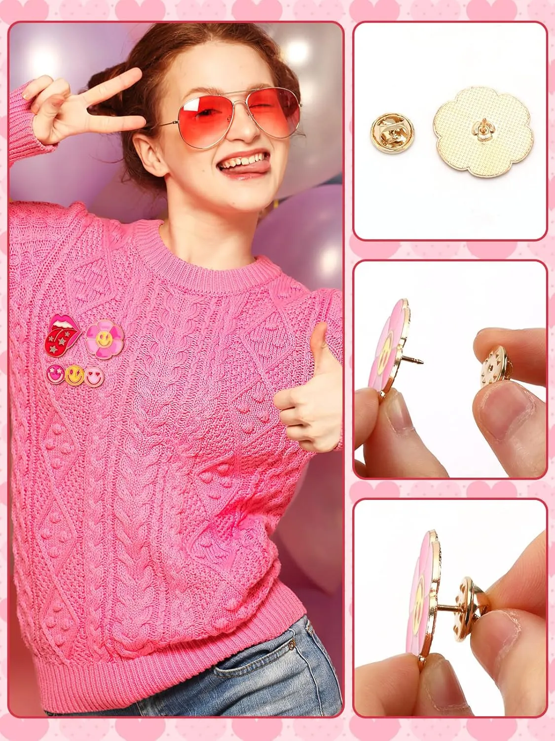 JUNEBRUSHS 28pcs Girl Pink Power Brooch Pins Pink Ribbon Lapel Pins for Women Girl Power Clothes Preppy Decorations Accessories