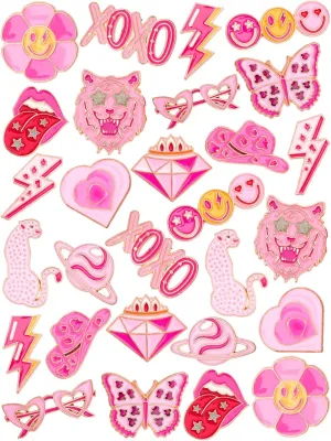 JUNEBRUSHS 28pcs Girl Pink Power Brooch Pins Pink Ribbon Lapel Pins for Women Girl Power Clothes Preppy Decorations Accessories