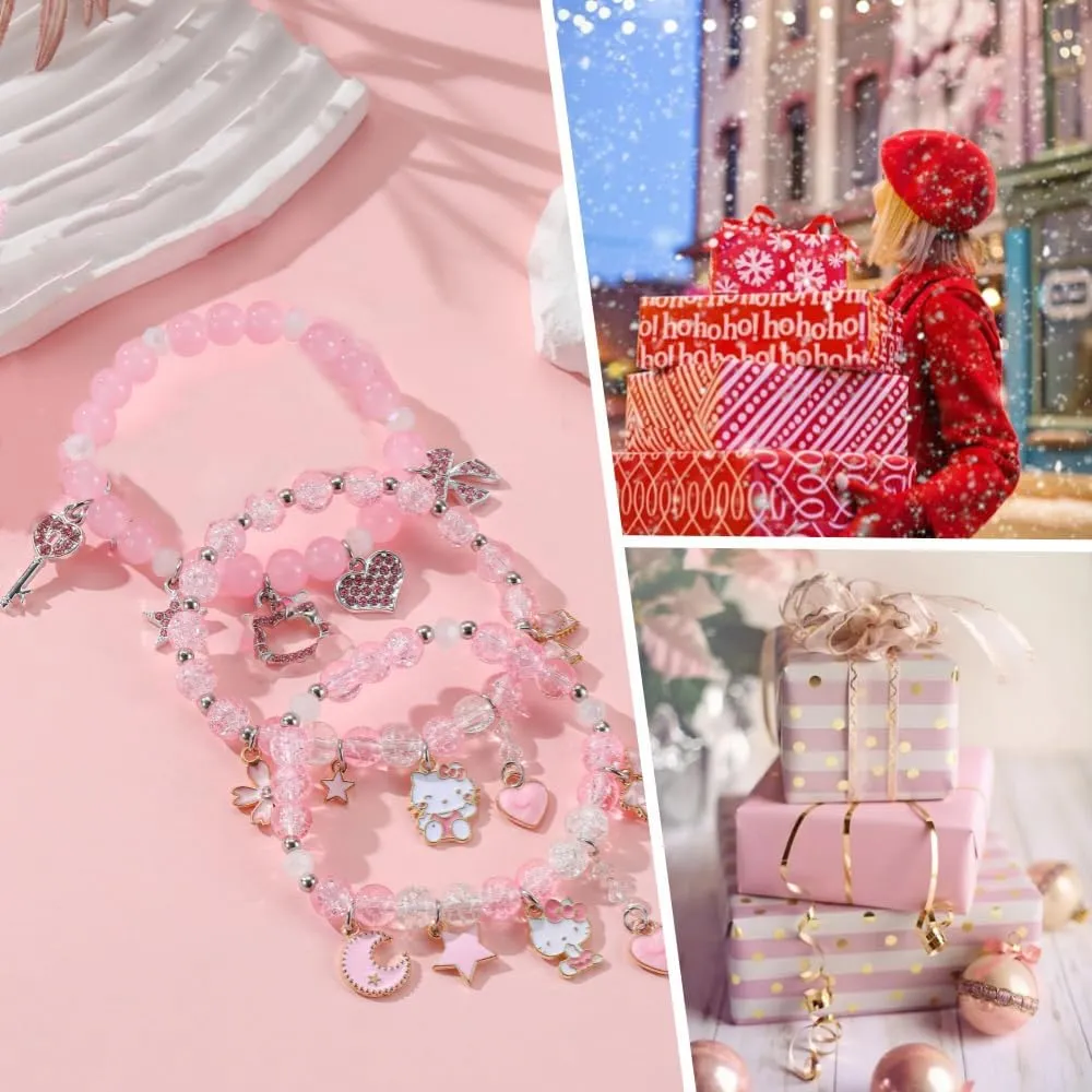 Kawaii Kitty Bracelets Set Elastic Crystal Bead Bracelets Elastic Kawaii Charm Bracelets Birthday Christmas Jewelry Gifts for Women Girlfriend Best Friend Sister