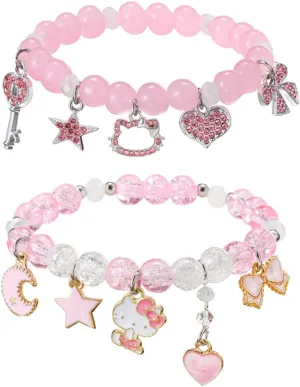 Kawaii Kitty Bracelets Set Elastic Crystal Bead Bracelets Elastic Kawaii Charm Bracelets Birthday Christmas Jewelry Gifts for Women Girlfriend Best Friend Sister