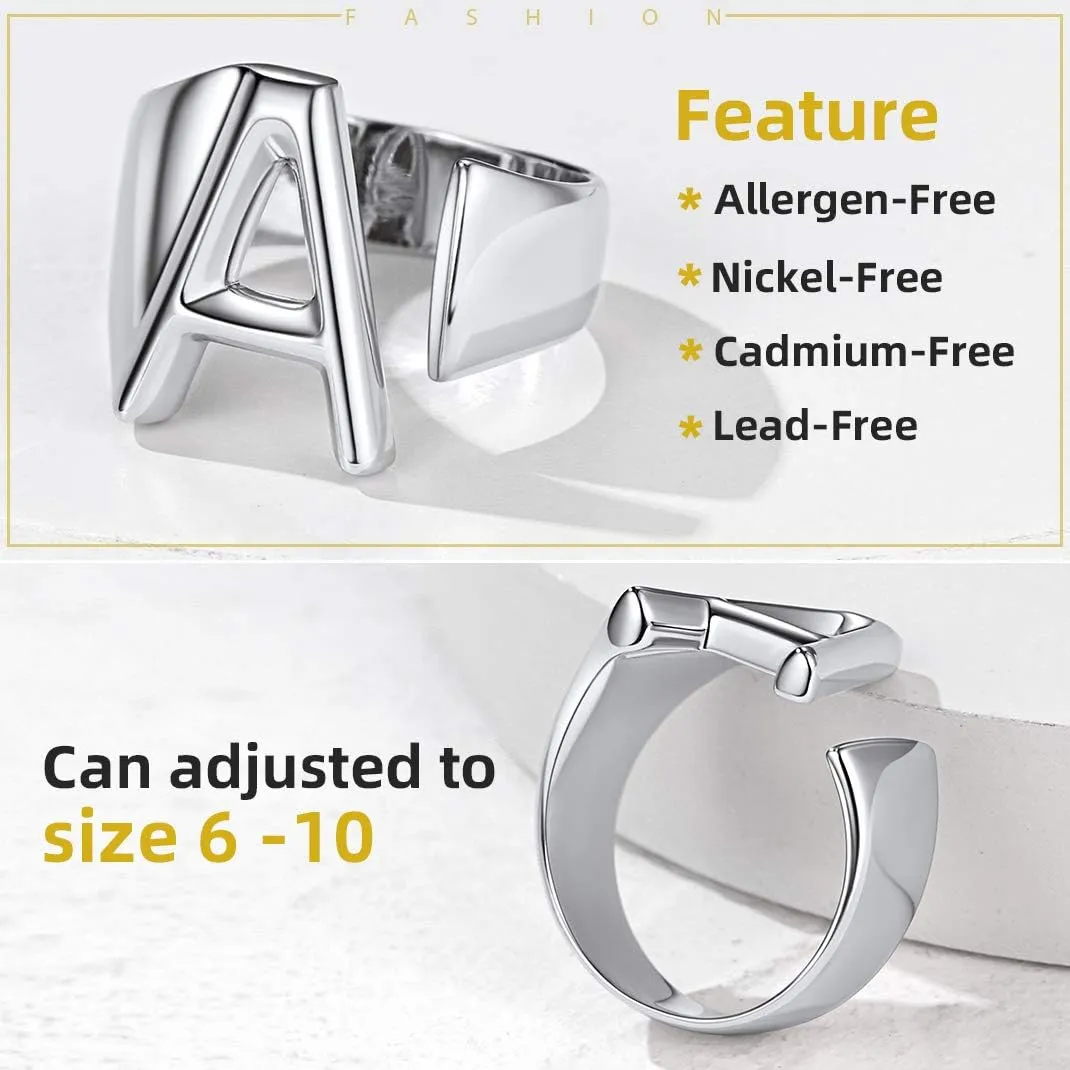 KeyStyle Bold Initial Letter Rings Adjustable, GoldChic Jewelry Women Gold Statement Ring Personalized Engraved Womens Open Signet Ring for Party (Gold, White Gold, Black)