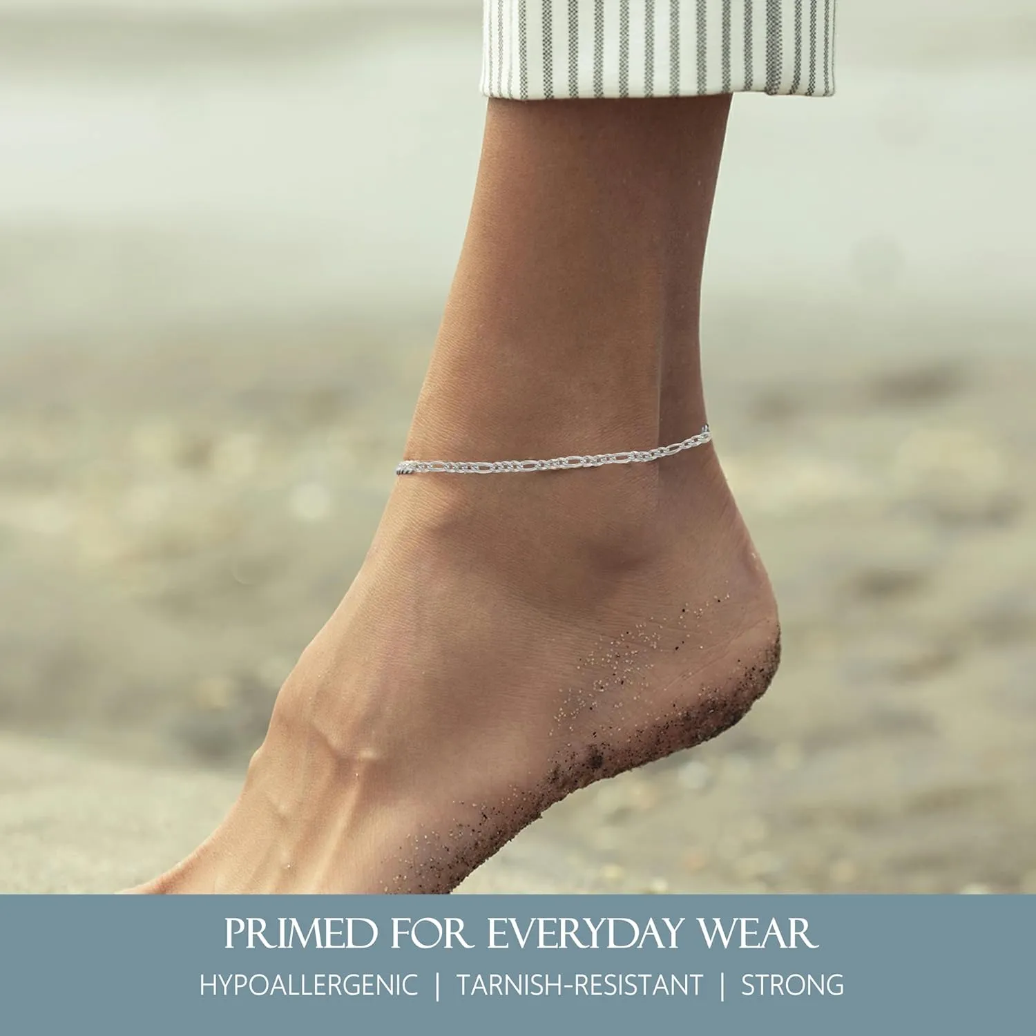 KISPER Solid 925 Sterling Silver Ankle Bracelets for Women, Waterproof Tarnish Resistant Anklets, Curb/Rope/Figaro/Mariner Chain, 9, 10, 11 Inch