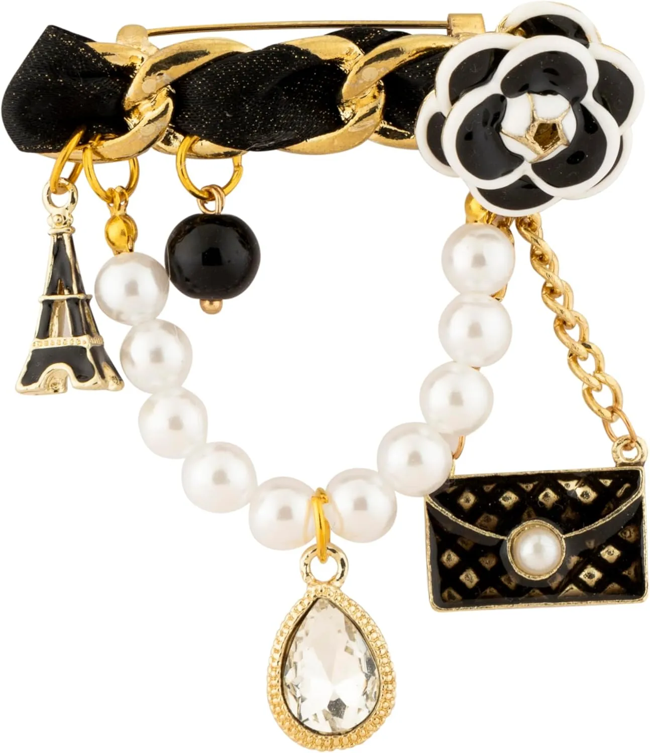 Knighthood Designer Brooch with Flower, Pearl Hanging, Bag Charm, Eiffel Tower Charm & Stone Charms for Men  Stylish Lapel Pin for Suits and Jackets